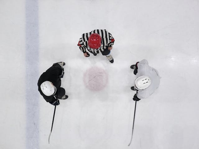 Ice hockey faceoff overhead view